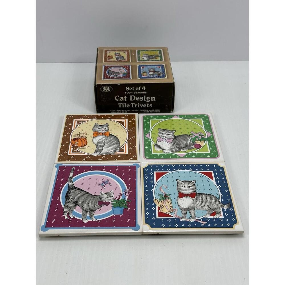 Vintage Cat Design Tile Trivets Wall Art 1988 Chadwick Miller‎ Set Original Box
